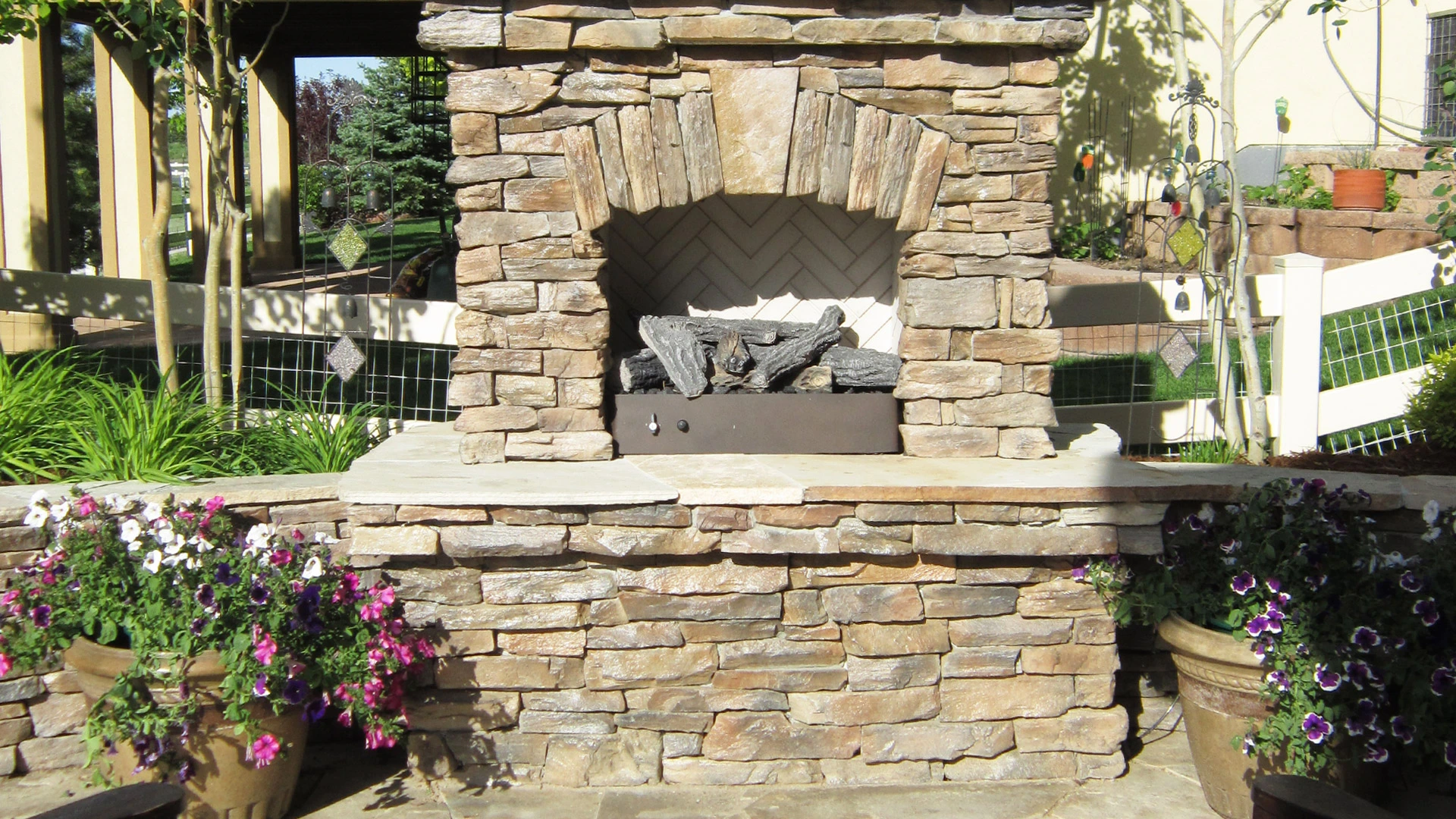 A brand new custom fireplace that was just installed in this homeowner's backyard in Greeley, CO.