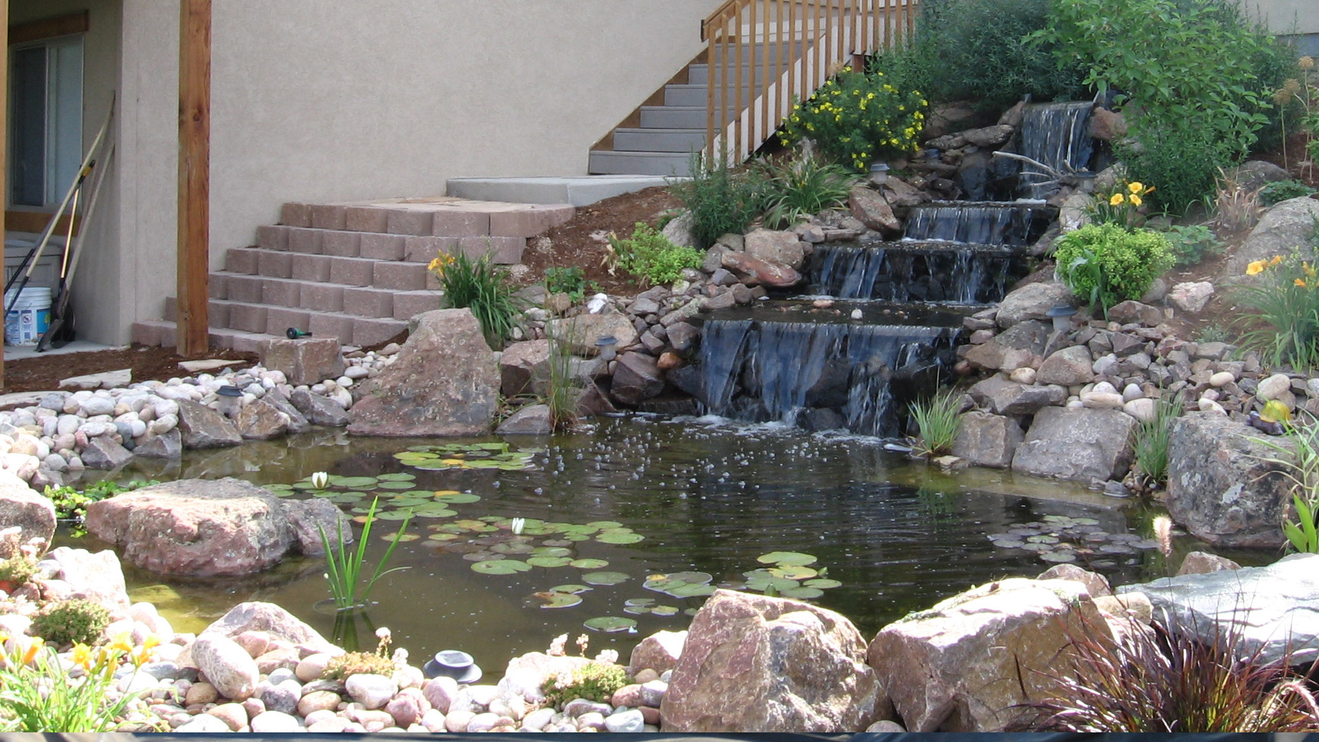 Recently designed and installed water feature and landscaping at a home in Windsor, CO.